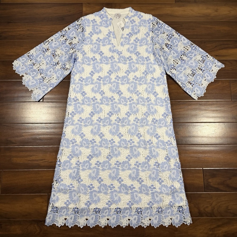 J.Marie Size Medium Blue White Floral Maggie Lace Long Sleeve Midi Dress